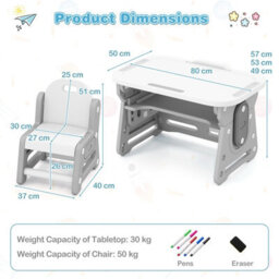 Gainoom Kids Grey Table And Chair Set Height Adjustable Toddler Drawing Table With Tiltable Whiteboard - thumbnail 2
