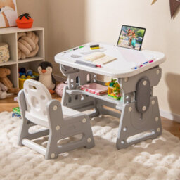 Gainoom Kids Grey Table And Chair Set Height Adjustable Toddler Drawing Table With Tiltable Whiteboard