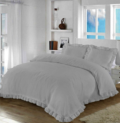 Homes & Linen Santiago Duvet Cover Bedding Set Frilled Edge Easy Care Polycotton Plain Pattern Ruffle Frill Corner With Pillowcases