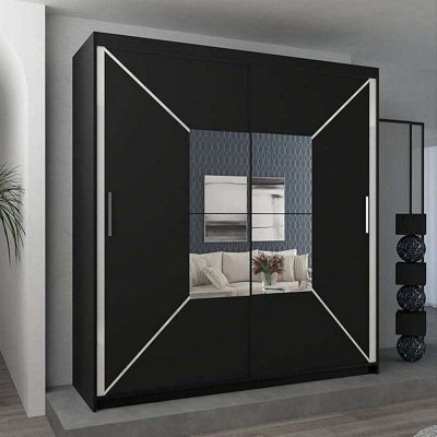 Sliding Wardrobes 4 u LTD Modern Bedroom Cabinet Sliding Wardrobe With Led Light And Central Mirror Double Door Design In White, Black & Grey - Black 150Cm - image 1