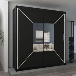 Sliding Wardrobes 4 u LTD Modern Bedroom Cabinet Sliding Wardrobe With Led Light And Central Mirror Double Door Design In White, Black & Grey - Black 150Cm - thumbnail 1