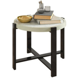 Outsunny Round Small Garden Table With Faux Marble Glass Top, Light Grey - thumbnail 2