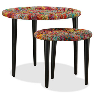 Berkfield Stylish Coffee Table Set 2 Pieces Chindi Weave Details Multicolour - image 1
