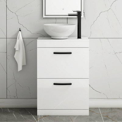 Royal Bathrooms 600mm Floor Standing Vanity Unit 2 Drawer Gloss White & Countertop Basin - Breeze With Matt Black Handle - image 1