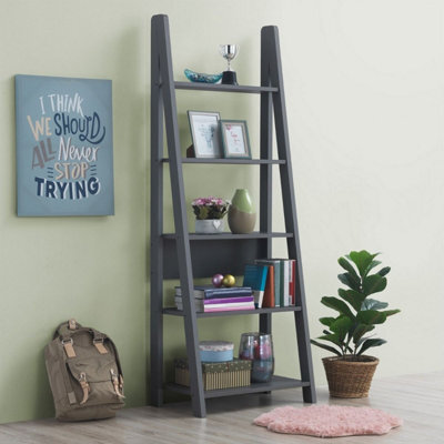 Timber Art Design Riva Scandinavian Retro Ladder Bookcase Shelving Shelf Unit Dark Grey 5 Tier - image 1