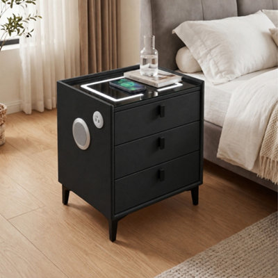 M N Furniture Ltd M N Furniture Black Smart Bedside Table With Led Light, Wireless Charging And Bluetooth Speaker, 3 Drawer - image 1