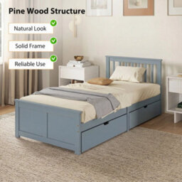 Storage Bed With 2 Drawers, Headboard, Wood Slat Support, Grey - thumbnail 5