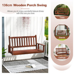Costway 2-Person Porch Hanging Swing Chair Wooden Garden Swing Bench W/ Slatted Back - thumbnail 9