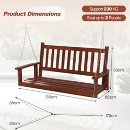 Costway 2-Person Porch Hanging Swing Chair Wooden Garden Swing Bench W/ Slatted Back - thumbnail 3