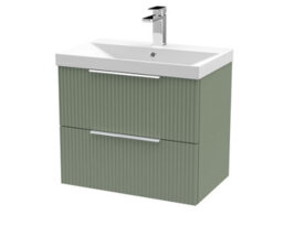 Balterley Tixall Fluted 2 Drawer Wall Hung Vanity Unit With Thin Edge Basin, Satin Green, 600mm - thumbnail 1