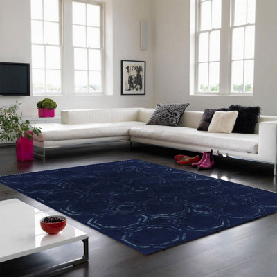 Navy Wool Handmade Luxurious Modern Geometric Rug Easy To Clean Living Room And Bedroom-160Cm X 230Cm - image 1