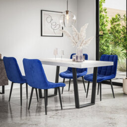More4Homes Aria Dining Table And Chairs -  White Marble Effect Table Top W Black Legs + Nova Velvet Dining Chair Set Of 4 (Blue)