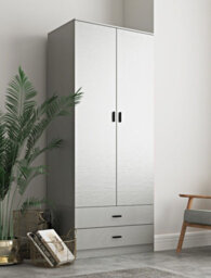 Urbnliving 180Cm Tall Wooden 2 Door Wardrobe Grey Set Drawers With 2 Drawers Bedroom Storage Hanging Bar Clothes - thumbnail 2