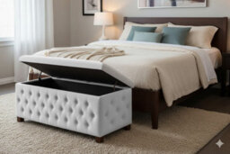 137Cm Wide Empire Ottoman Storage Box With Legs, White Velvet Chesterfield Upholstered Ottoman Footstool Coffee Table - thumbnail 2