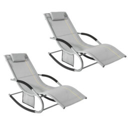 Sobuy Ogs28-Hgx2, Set Of 2 Outdoor Garden Rocking Sun Lounger Recliner Relaxing Chair With Headrest And Side Bag, Grey - thumbnail 2