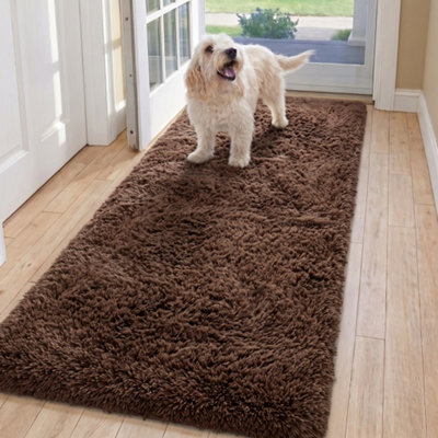 Oxford Homeware Shaggy Rug Anti-Slip Washable Soft Fluffy Living Room And Bedroom Rug (Brown, 60X220Cm) - image 1