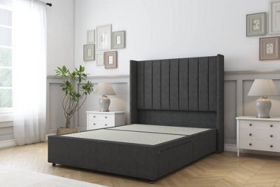 "Sloomy Falcon Graphite Dumfries Divan Bed Base 2 Drawers Foot-End With 54"" Wingback Headboard 5' King" - image 1