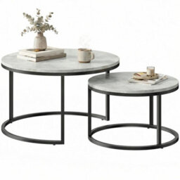 2 Pcs Stacking Coffee Table Set Steel Frame, Marble Grey - thumbnail 1