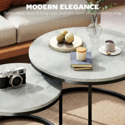 2 Pcs Stacking Coffee Table Set Steel Frame, Marble Grey - thumbnail 4
