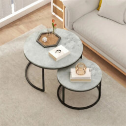2 Pcs Stacking Coffee Table Set Steel Frame, Marble Grey - thumbnail 6