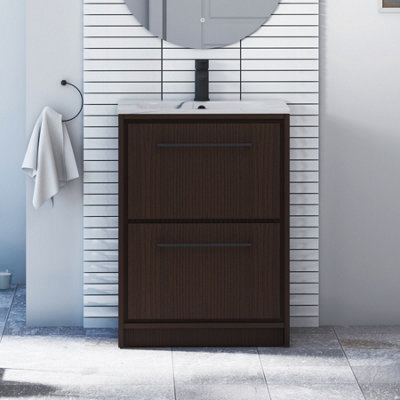 Royal Bathrooms Livora 600mm Walnut Woodgrain Floor Standing Vanity Unit 2 Drawer With Carrara White Basin & Matt Black Handle - image 1