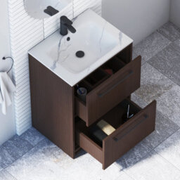 Royal Bathrooms Livora 600mm Walnut Woodgrain Floor Standing Vanity Unit 2 Drawer With Carrara White Basin & Matt Black Handle - thumbnail 4