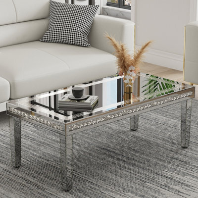 Artloge 120Cm Silver Mirrored Coffee Table With Crystal Inlay Rectangle Glass Tea Table - image 1