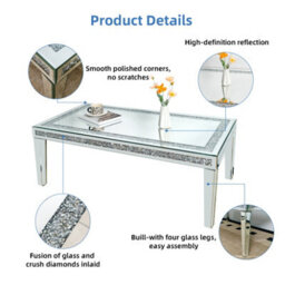 Artloge 120Cm Silver Mirrored Coffee Table With Crystal Inlay Rectangle Glass Tea Table - thumbnail 8
