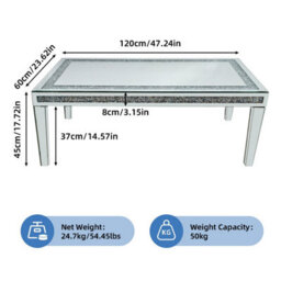 Artloge 120Cm Silver Mirrored Coffee Table With Crystal Inlay Rectangle Glass Tea Table - thumbnail 2