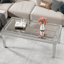 Artloge 120Cm Silver Mirrored Coffee Table With Crystal Inlay Rectangle Glass Tea Table - thumbnail 5