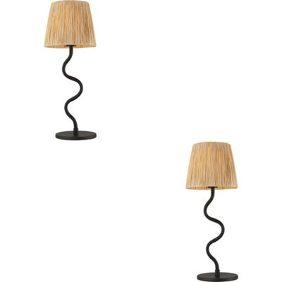 Loops 2 Pack Matt Black Table Lamp - Natural Raffia Shade - 457mm Tall Light - 7W Led E14 - image 1