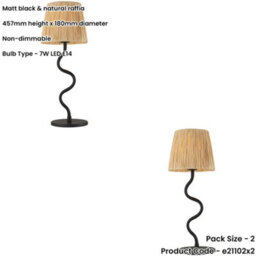 Loops 2 Pack Matt Black Table Lamp - Natural Raffia Shade - 457mm Tall Light - 7W Led E14 - thumbnail 2