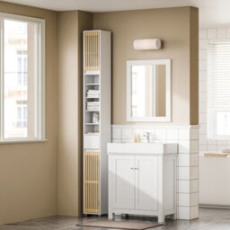 Sobuy Bzr34-Bw, Tall Bathroom Cabinet Cupboard Bathroom Storage Cabinet Water-Resistant Mdf With Bamboo Slatted Doors,white - thumbnail 5