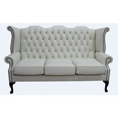 Chesterfield 3 Seater High Back Wing Sofa Shelly White Leather In Queen Anne Style - image 1