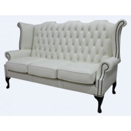 Chesterfield 3 Seater High Back Wing Sofa Shelly White Leather In Queen Anne Style - thumbnail 2