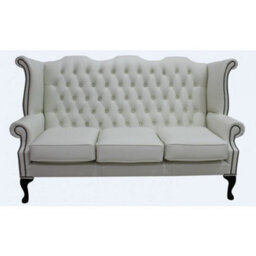 Chesterfield 3 Seater High Back Wing Sofa Shelly White Leather In Queen Anne Style - thumbnail 1