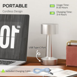 Homcom Led Cordless Table Lamp With Battery Operated For Bedroom, Silver - thumbnail 4