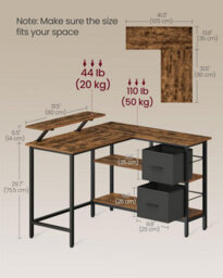 Songmics L-Shaped Desk With 2 Spacious Drawers, Gaming Desk With Monitor Stand, Corner Desk, Computer Desk, Rustic Brown - thumbnail 2