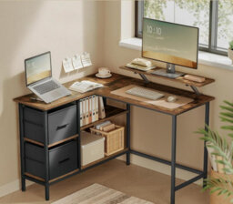 L-Shaped Desk With 2 Spacious Drawers, Gaming Desk With Monitor Stand, Corner Desk, Computer Desk, Rustic Brown