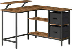 Songmics L-Shaped Desk With 2 Spacious Drawers, Gaming Desk With Monitor Stand, Corner Desk, Computer Desk, Rustic Brown - thumbnail 7
