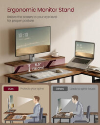 Songmics L-Shaped Desk With 2 Spacious Drawers, Gaming Desk With Monitor Stand, Corner Desk, Computer Desk, Rustic Brown - thumbnail 5