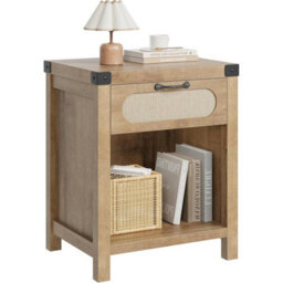 Boho Farmhouse Rattan Bedside Table Compact Side Table With Drawer Shelf - thumbnail 1