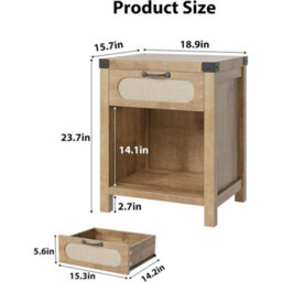 Boho Farmhouse Rattan Bedside Table Compact Side Table With Drawer Shelf - thumbnail 2