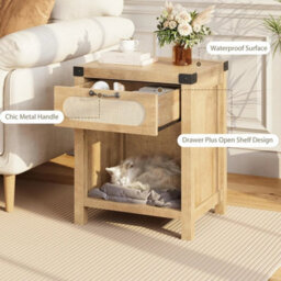 Boho Farmhouse Rattan Bedside Table Compact Side Table With Drawer Shelf - thumbnail 5