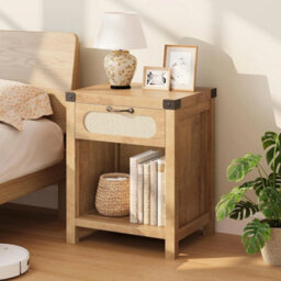 Boho Farmhouse Rattan Bedside Table Compact Side Table With Drawer Shelf - thumbnail 3