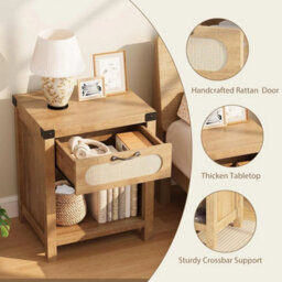 Boho Farmhouse Rattan Bedside Table Compact Side Table With Drawer Shelf - thumbnail 4