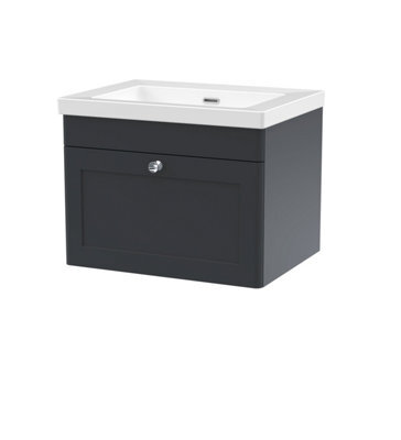 Balterley Swynnerton Traditional 1 Drawer Wall Hung Vanity Unit With Fireclay Basin, Dark Grey, 600mm - image 1