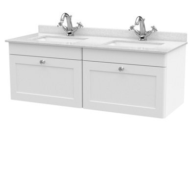 Balterley Swynnerton Traditional 2 Drawer Wall Hung Vanity Unit With Double Marble Basin, Satin White, 1200mm - image 1