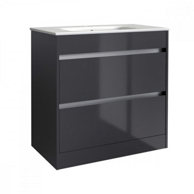 Clifton Bathroom 2-Drawer Floor Standing Vanity Unit With Basin 600mm Wide - Storm Grey Gloss - (Urban) - Brassware Not Included - image 1