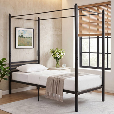 Single Canopy Bed Frame Under-Bed Storage Metal Slat Black - image 1